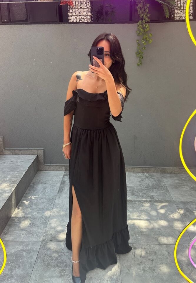 GÜL DETAYLI UZUN DAVET ELBİSESİ